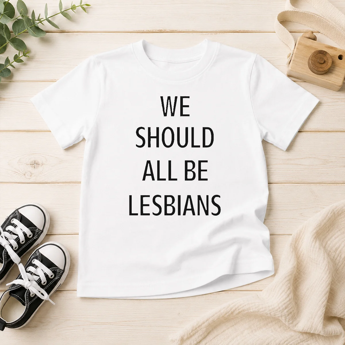 Funny We Should All Be Lesbians Quote Kids T Shirt in bright color with short sleeves