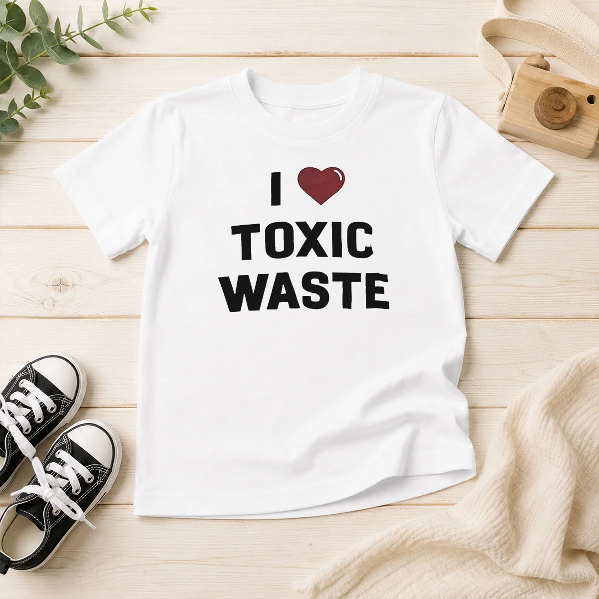 Good I Love Toxic Waste Kids T Shirt in bright green, short sleeve cotton tee for children