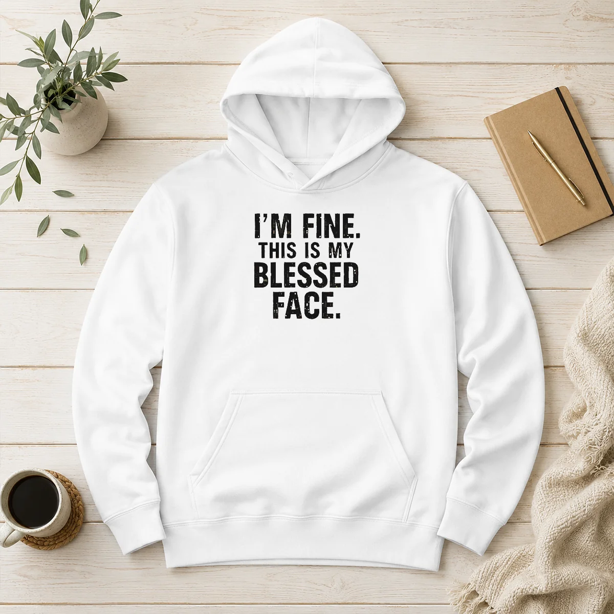 Good I'M Fine This Is My Blessed Face Hoodie in black with front pouch pocket and drawstring hood