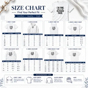 Size chart for Good I'M Fine This Is My Blessed Face with measurements in inches and cm