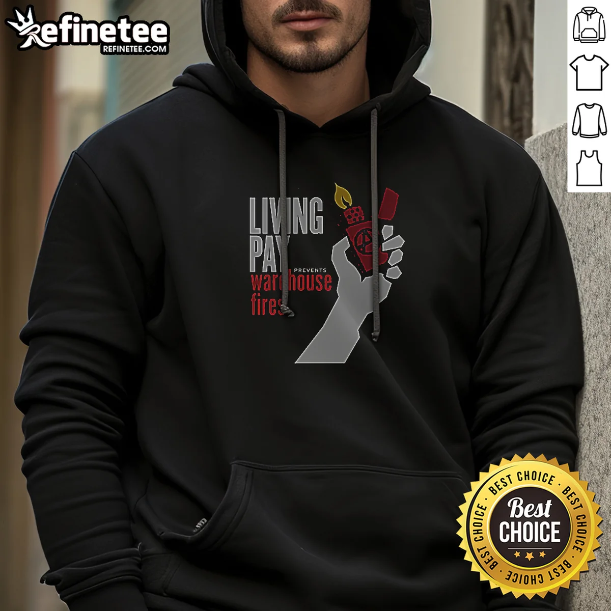 Good Living Wages Prevent Warehouse Fires Hoodie in charcoal gray with front pocket and adjustable hood