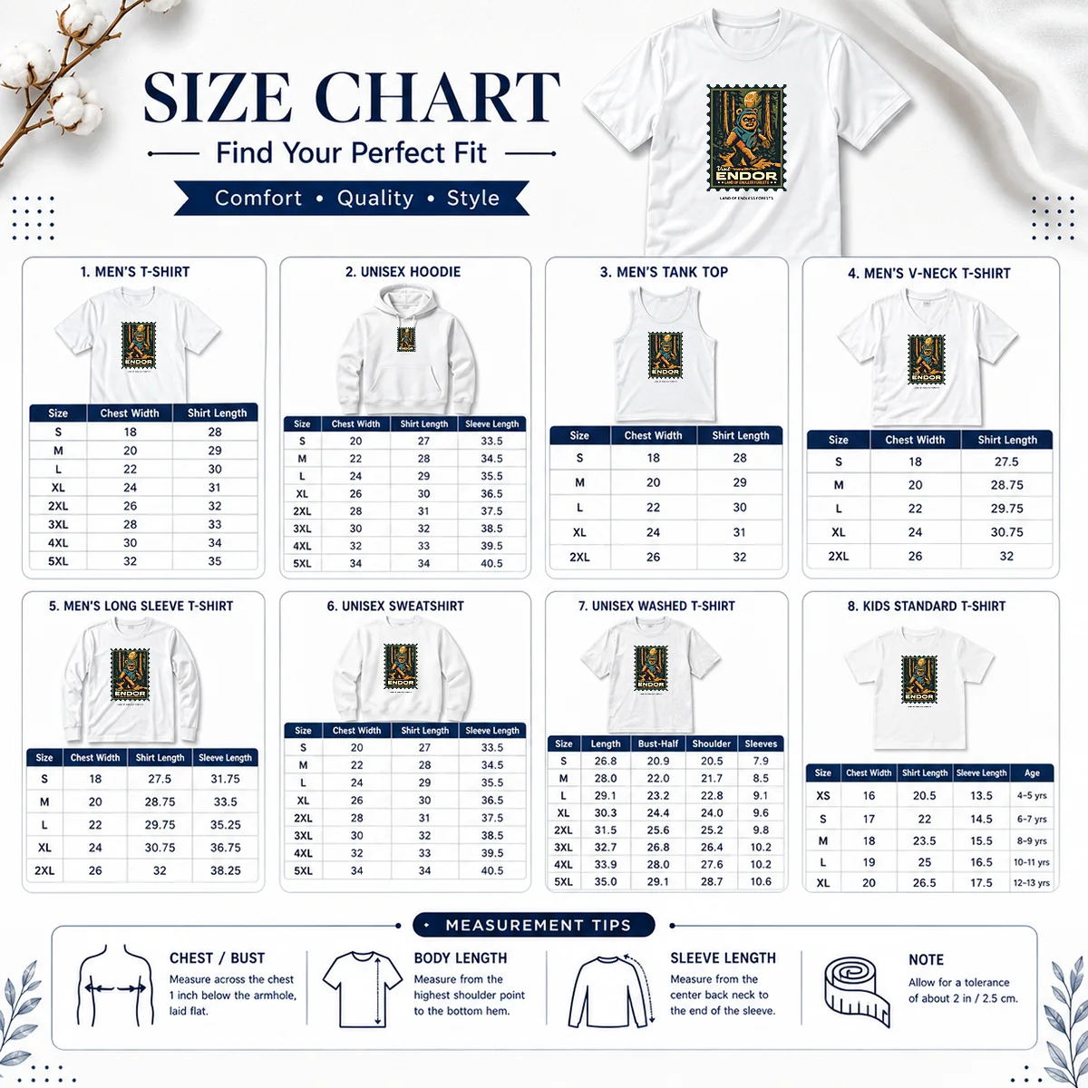 Good Star Wars Ewok Visit Endor Land Of Endless Forests Size Chart Size chart for Good Star Wars Ewok Visit Endor Land Of Endless Forests with measurements in inches and cm