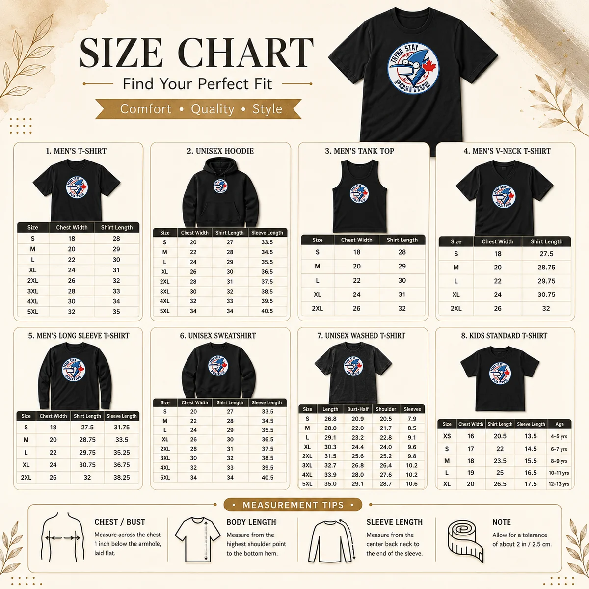 Hot Tryna Stay Positive Mordecai Regular Show Blue Jays Baseball Logo Parody Size Chart Size chart for Hot Tryna Stay Positive Mordecai Regular Show Blue Jays Baseball Logo Parody with measurements in inches and cm