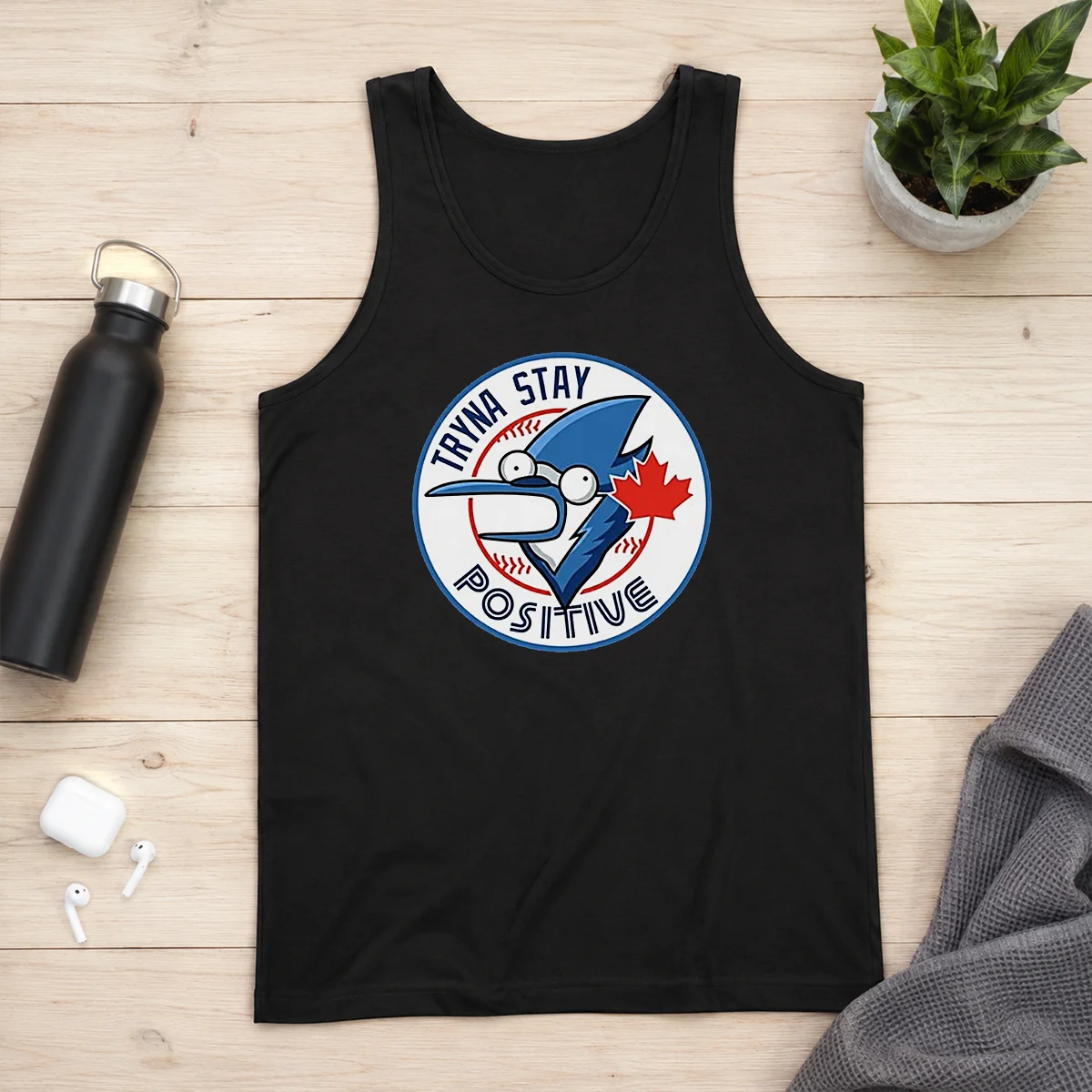 Hot Tryna Stay Positive Mordecai Regular Show Blue Jays Baseball Logo Parody Tank Top