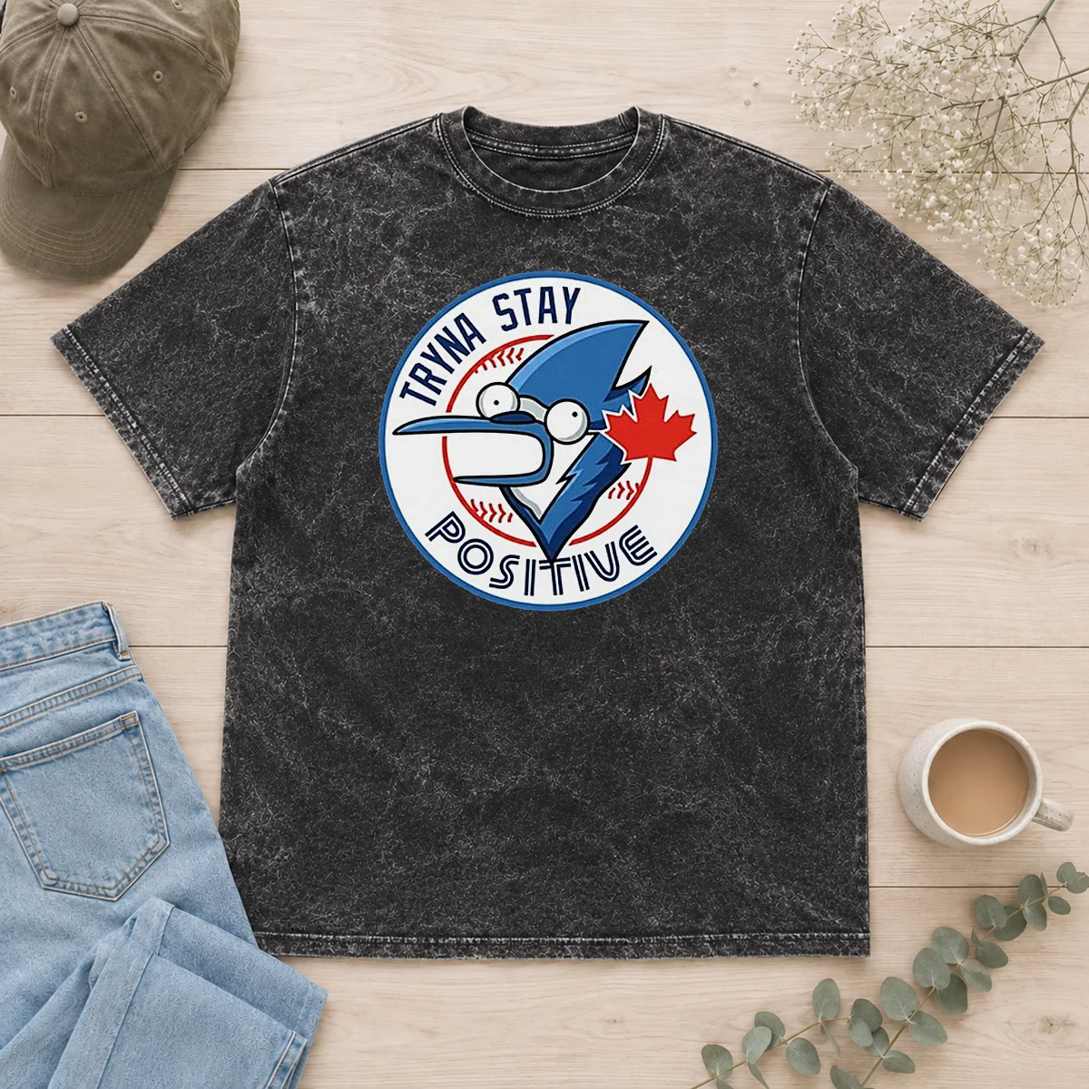 Hot Tryna Stay Positive Mordecai Regular Show Blue Jays Baseball Logo Parody Washed T-Shirt