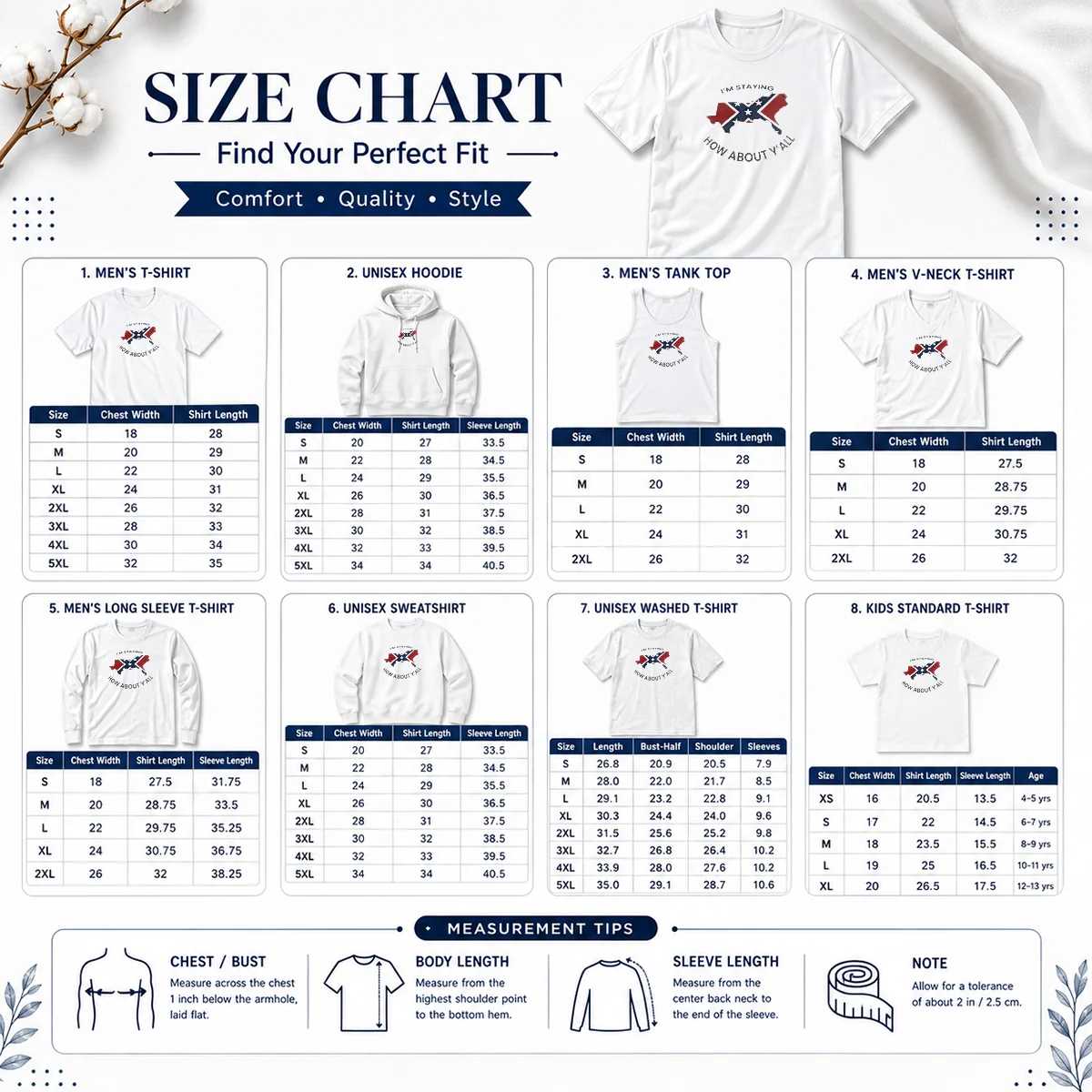Nice I'M Staying How About Y'All Confederate Flag Size Chart Size chart for Nice I'M Staying How About Y'All Confederate Flag with measurements in inches and cm