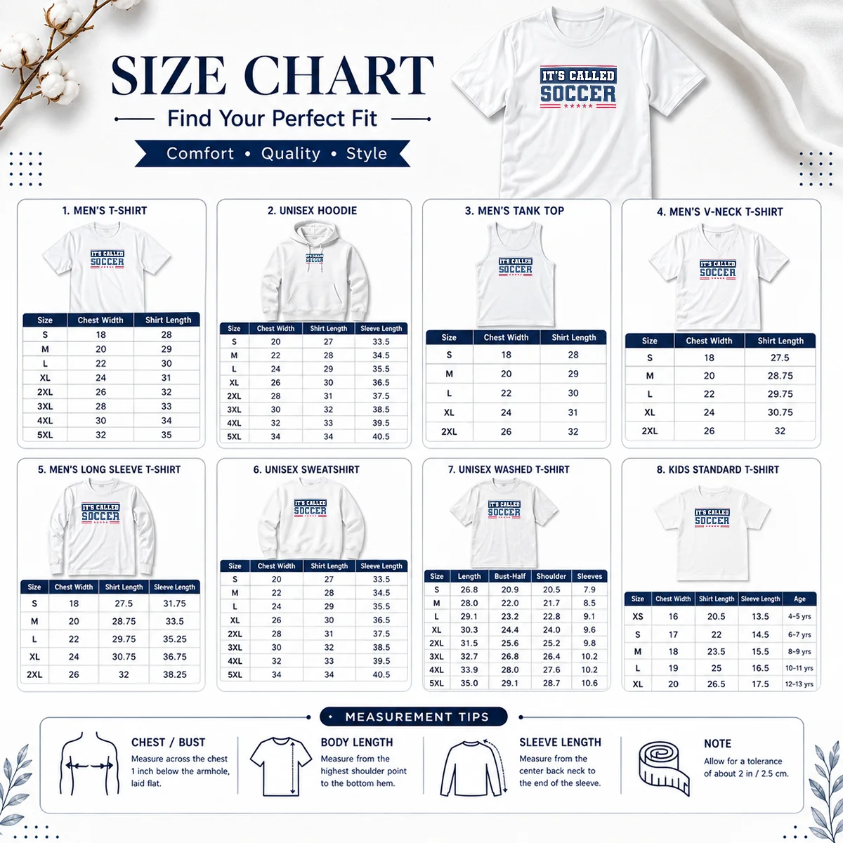 Nice It'S Called Soccer Size Chart Size chart for Nice It'S Called Soccer showing measurements in inches and cm for accurate sizing