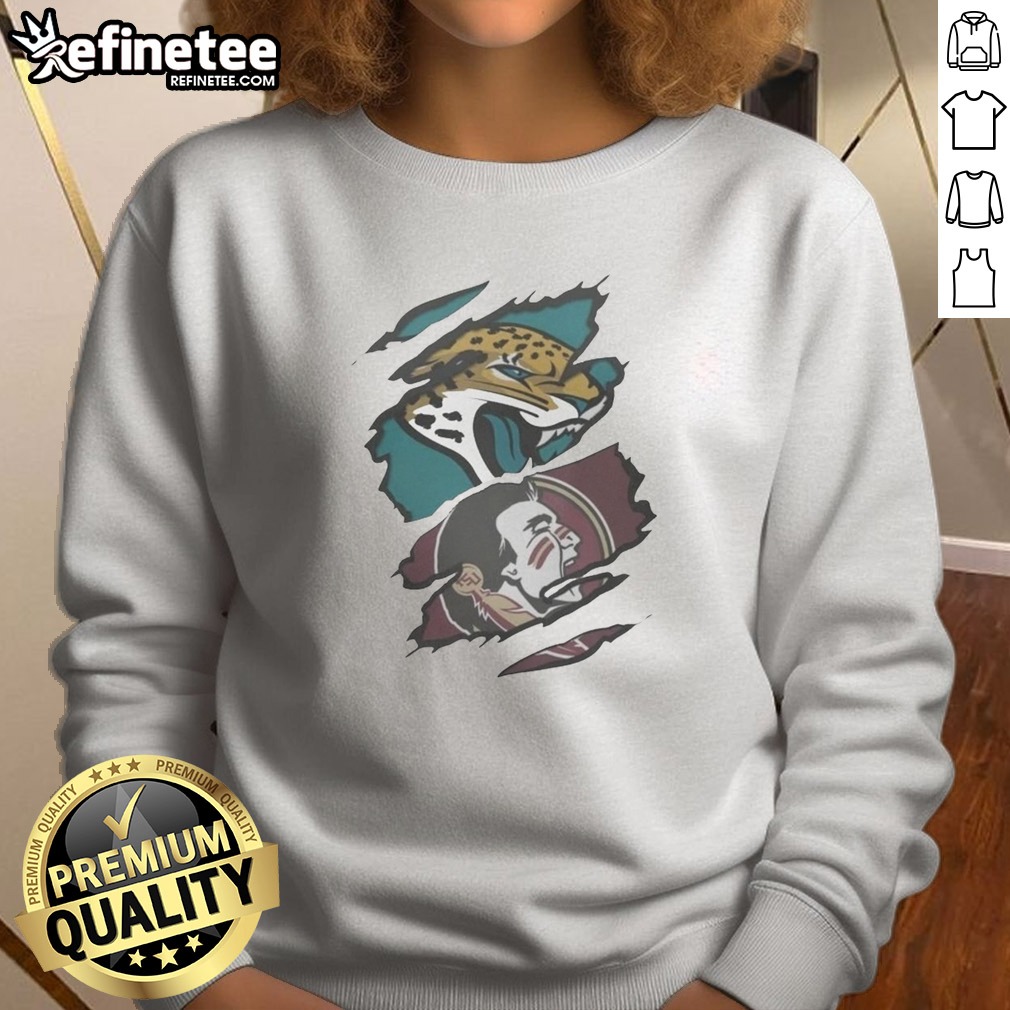 Nice Jacksonville Jaguars Florida State Seminoles Team Logo T Shirt on Sweatshirt Nice Jacksonville Jaguars Florida State Seminoles Team Logo T Shirt shown as a sweatshirt preview