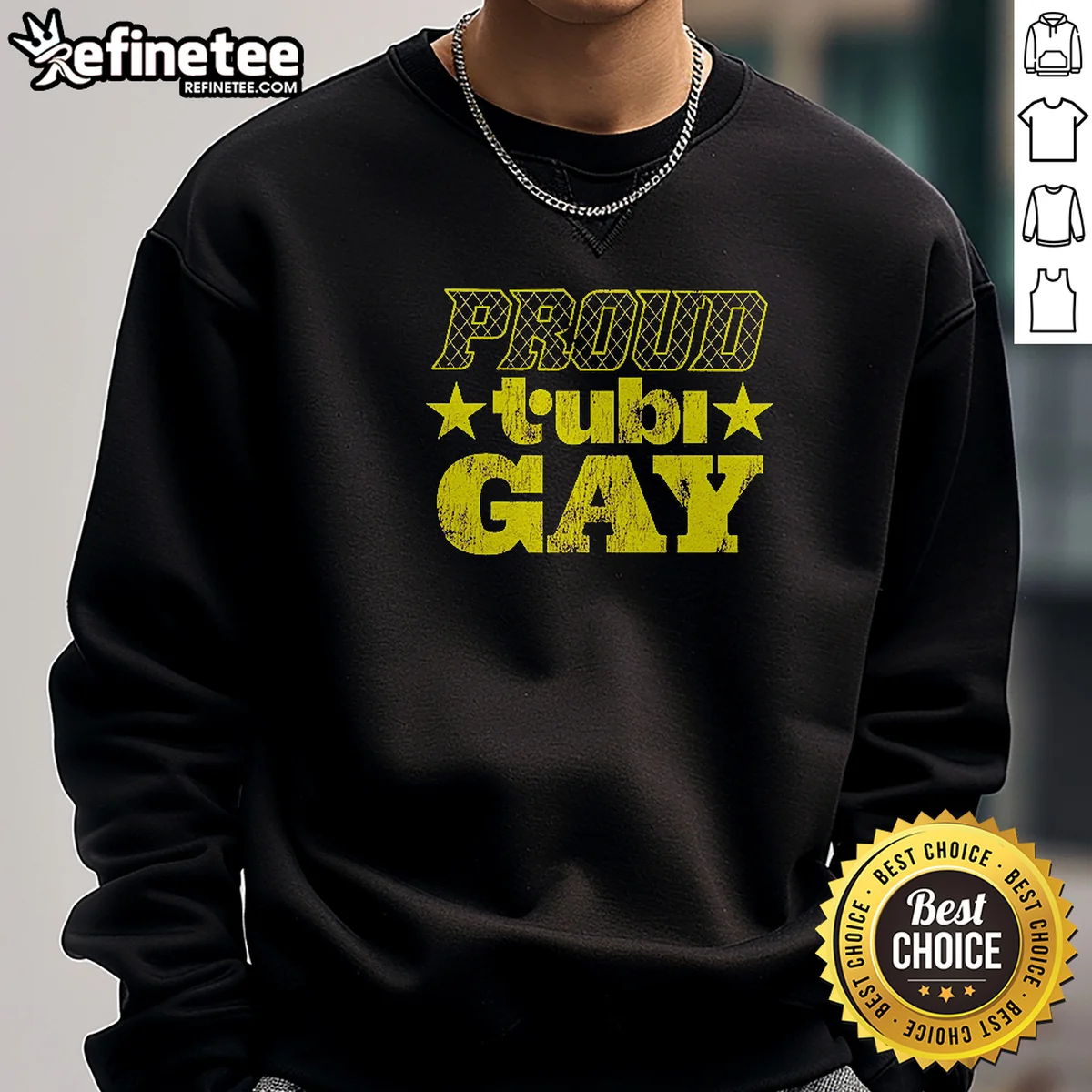 Nice Proud Tubi Gay LGBT Pride Month sweatshirt in vibrant rainbow colors on a comfortable unisex crewneck