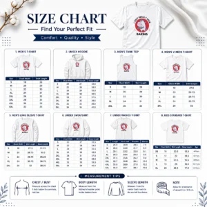 Size chart for Nice Unicorn Holding Baking Tray I Just Really Love Baking with measurements in inches and cm
