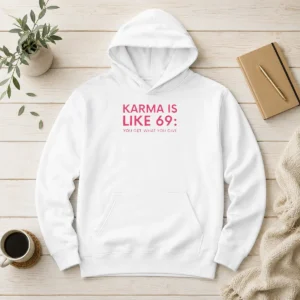 Official Karma Is Like 69 You Get What You Give Hoodie in black with front graphic print
