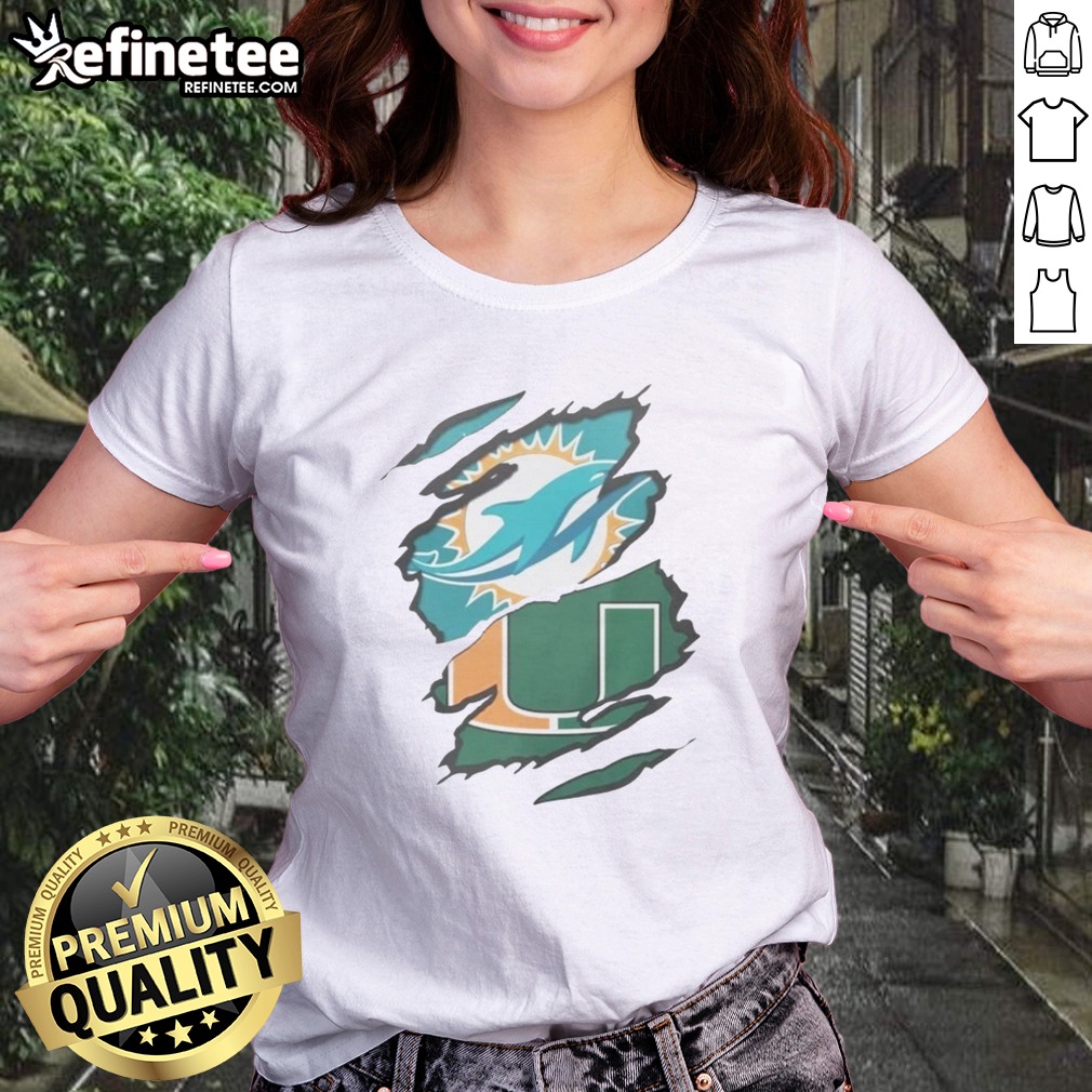 Official Miami Dolphins And Miami Hurricanes Ripped Logo Design Apparel T Shirt on Classic Shirt Official Miami Dolphins And Miami Hurricanes Ripped Logo Design Apparel T Shirt shown as a classic shirt preview
