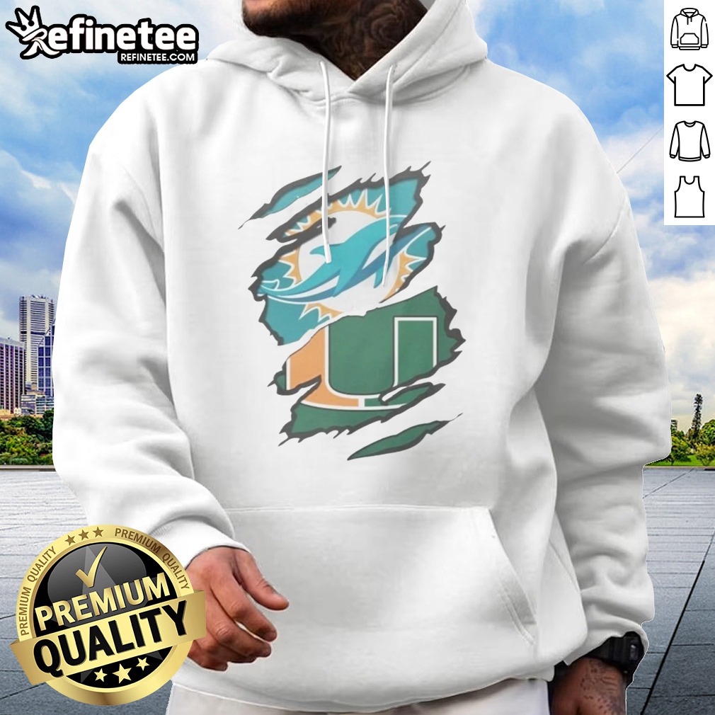 Official Miami Dolphins And Miami Hurricanes Ripped Logo Design Apparel T Shirt on Hoodie Official Miami Dolphins And Miami Hurricanes Ripped Logo Design Apparel T Shirt shown as a hoodie preview