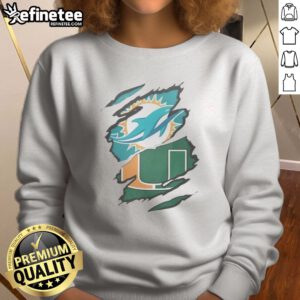 Official Miami Dolphins And Miami Hurricanes Ripped Logo Design Apparel sweatshirt featuring vibrant team logos