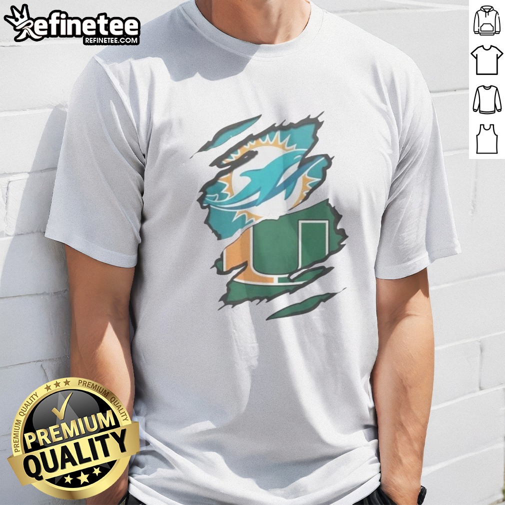 Official Miami Dolphins And Miami Hurricanes Ripped Logo Design Apparel T Shirt on Classic Shirt Official Miami Dolphins And Miami Hurricanes Ripped Logo Design Apparel T Shirt shown as a classic shirt preview
