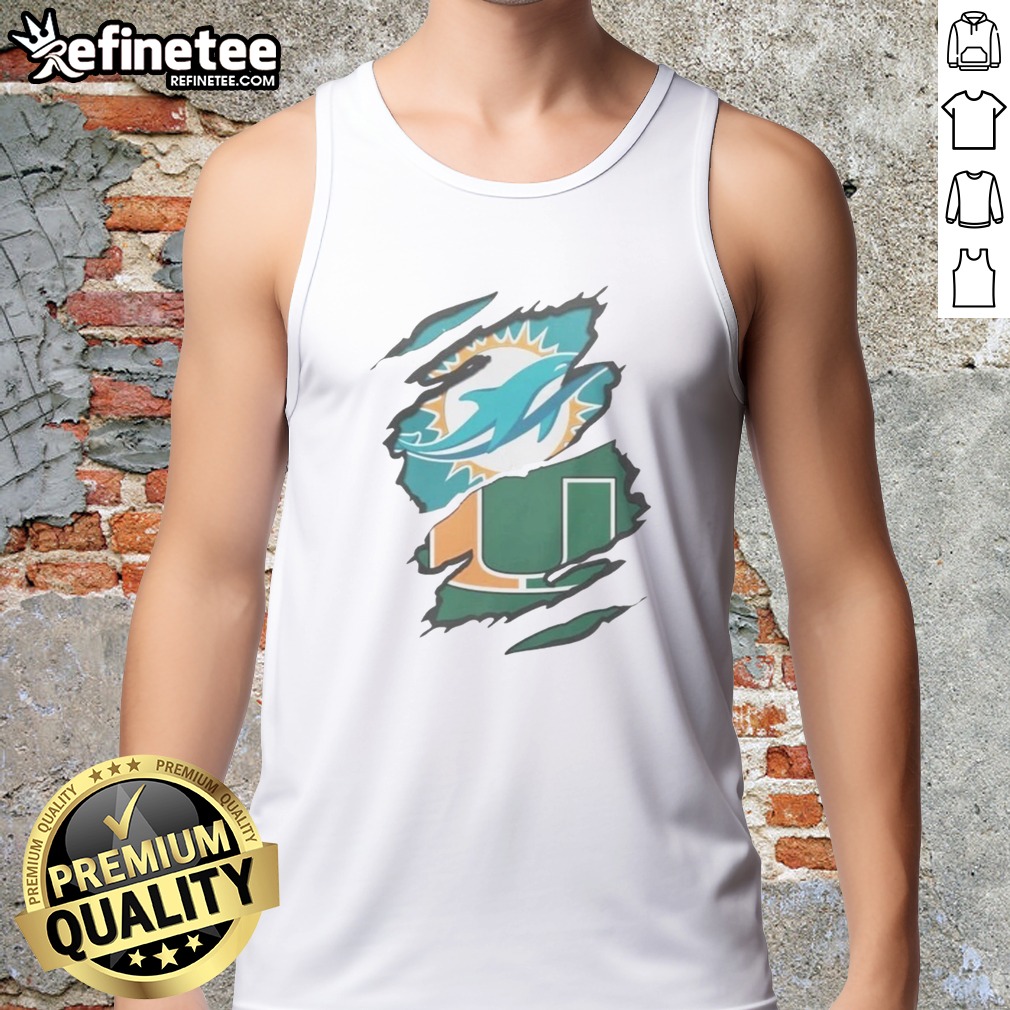 Official Miami Dolphins And Miami Hurricanes Ripped Logo Design Apparel T Shirt on Tank Top Official Miami Dolphins And Miami Hurricanes Ripped Logo Design Apparel T Shirt shown as a tank top preview