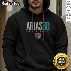 Official San Diego Wave FC Arias 30 hoodie featuring vibrant team colors and player details.