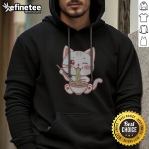 Original Kawaii Ramen Eating Cat Bowl Noodles Japanese Anime Food Lover hoodie featuring a playful cat design.