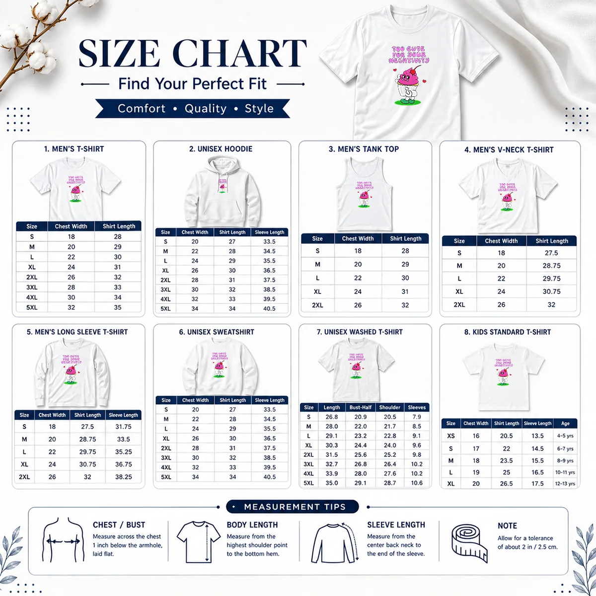 Original Too Cute For Your Negativity Sassy Cupcake Size Chart Size chart for Original Too Cute For Your Negativity Sassy Cupcake showing measurements in inches and cm