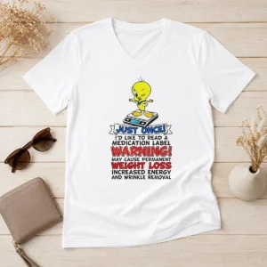 Original Tweety Bird Just Once I'D Like To Read A Medication Label Warning V Neck Shirt in black, featuring a classic V neck style