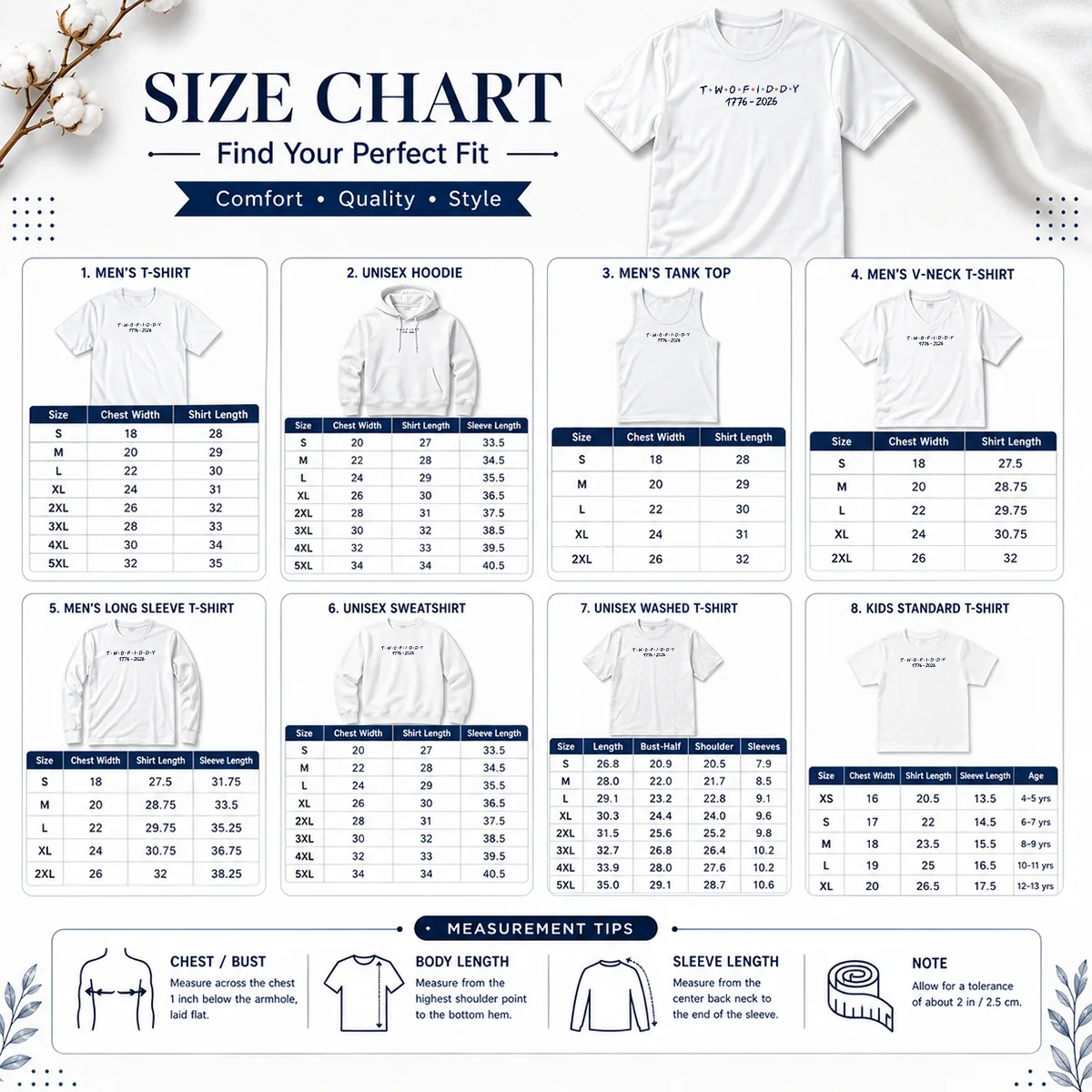 Original Two Fiddy 1776 2026 Friends Logo Size Chart Size chart for Original Two Fiddy 1776 2026 Friends Logo with measurements in inches and cm