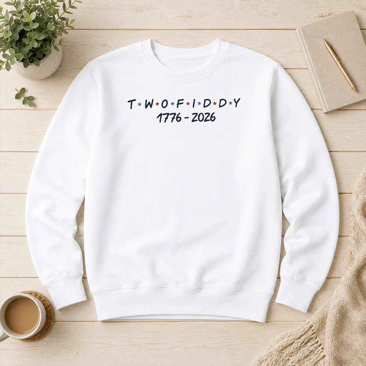 Original Two Fiddy 1776 2026 Friends Logo crewneck sweater in dark color showing front logo design