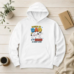Premium Snoopy Belle Peanuts Raising My Dad Is So Hard He Does Not Listen Hoodie in black, featuring a cozy pullover design with front pocket
