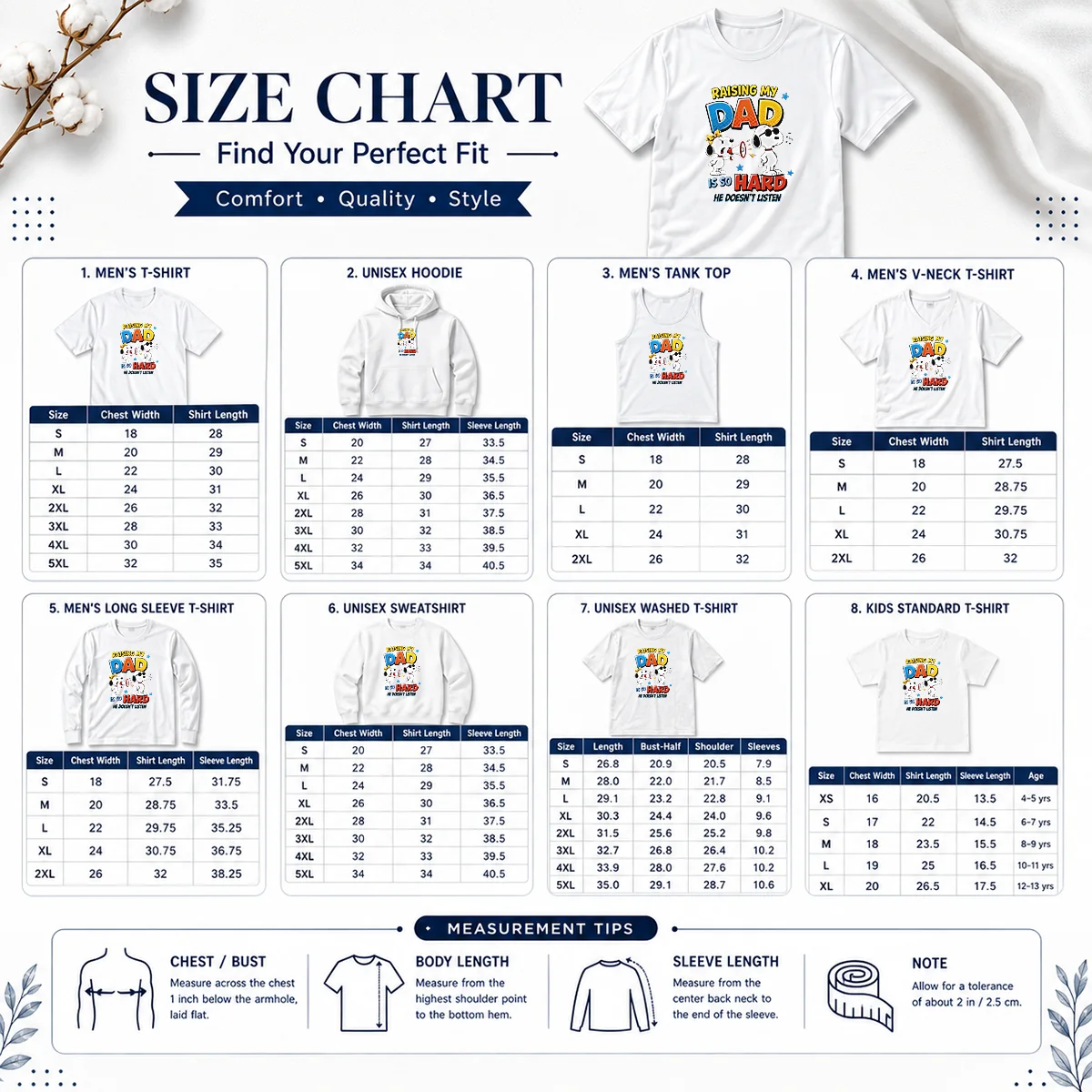 Premium Snoopy Belle Peanuts Raising My Dad Is So Hard He Does Not Listen Size Chart Size chart for Premium Snoopy Belle Peanuts Raising My Dad Is So Hard He Does Not Listen with measurements in inches and cm