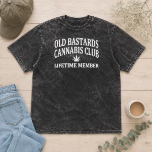 Premium Weed Old Bastards Cannabis Club Lifetime Member Leaf Washed T Shirt in faded green cotton fabric