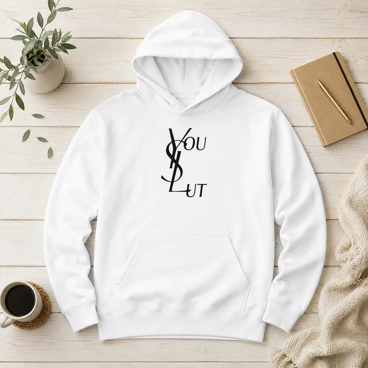 Premium Ysl You Slut Parody Hoodie in black with bold white graphic print on front, unisex pullover style