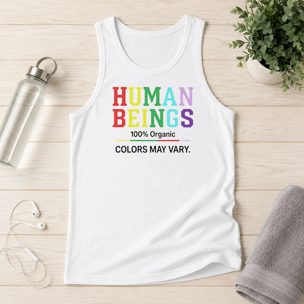 Pretty Human Beings 100 Percent Organic Colors May Vary tank top in soft organic cotton fabric with varied colors