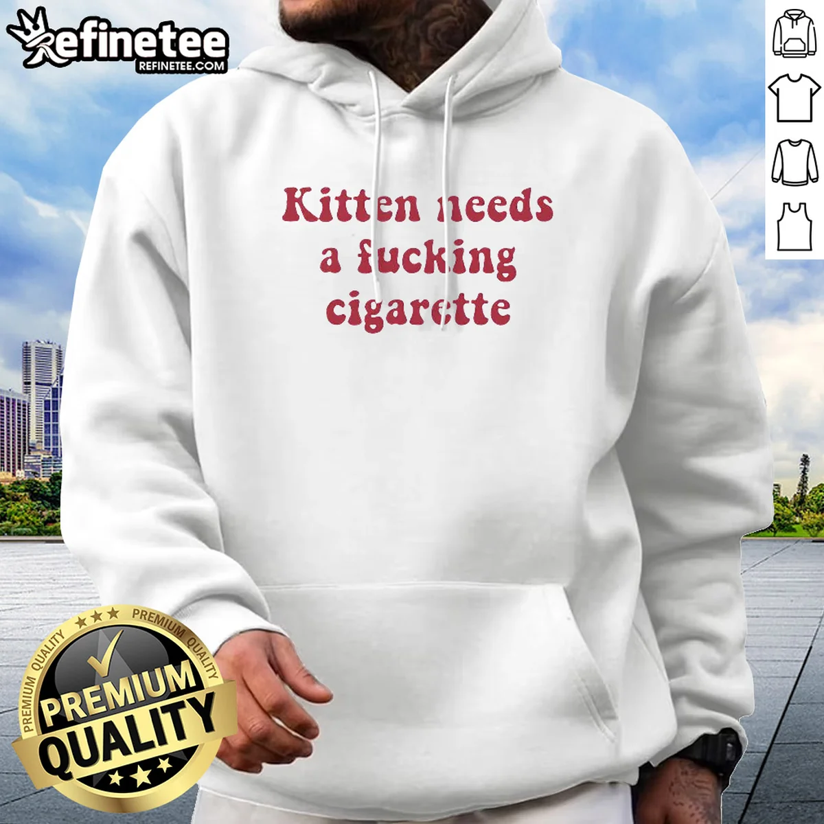 Pretty Kitten Needs A Fucking Cigarette Bold Text Hoodie in black with large white bold text on front