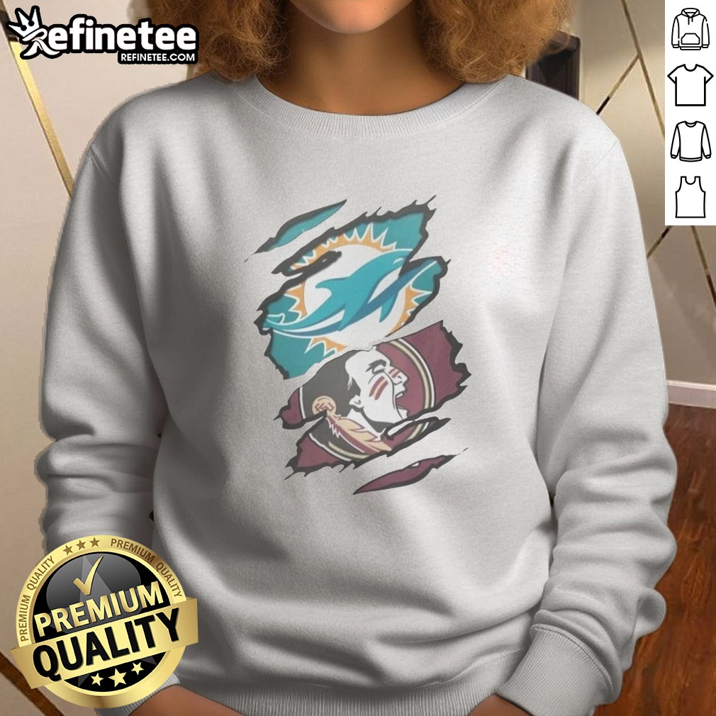 Pretty Miami Dolphins Florida State Seminoles NFL NCAA Ripped Effect t shirt on Sweatshirt Pretty Miami Dolphins Florida State Seminoles NFL NCAA Ripped Effect t shirt shown as a sweatshirt preview