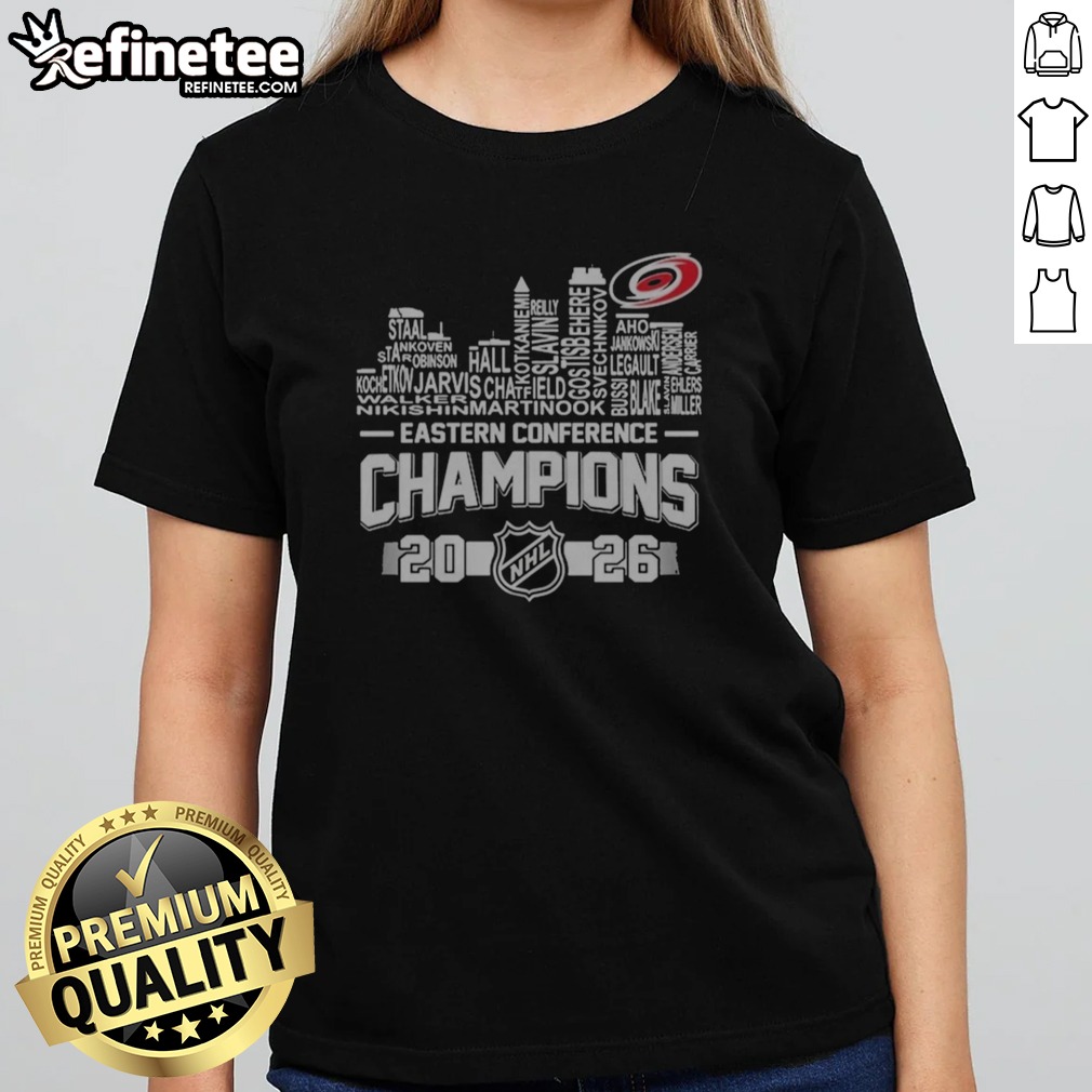 Pretty Staal Aho Svechnikov Carolina Hurricanes 2026 Eastern Conference Champions NHL T Shirt on Classic Shirt Pretty Staal Aho Svechnikov Carolina Hurricanes 2026 Eastern Conference Champions NHL T Shirt shown as a classic shirt preview