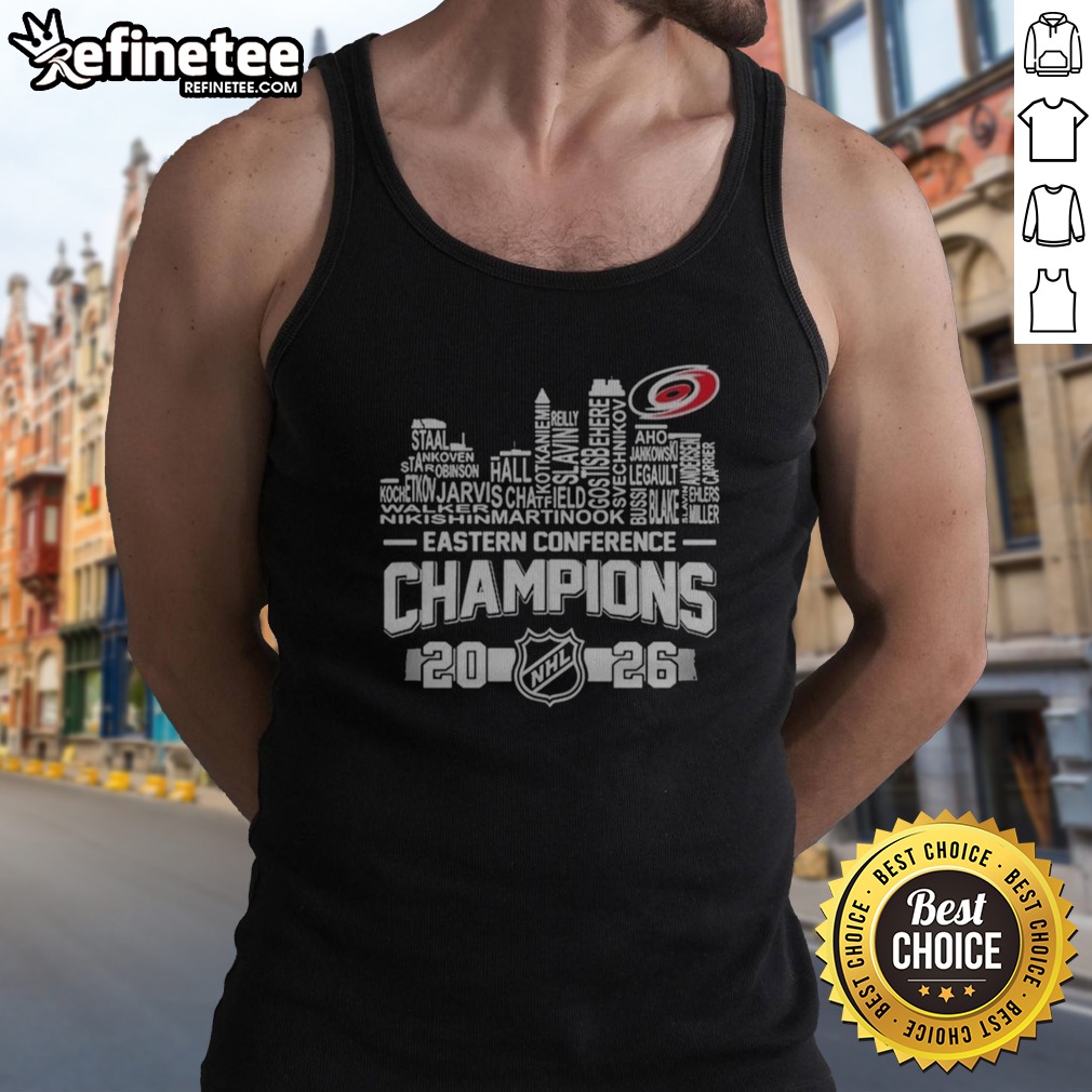 Pretty Staal Aho Svechnikov Carolina Hurricanes 2026 Eastern Conference Champions NHL T Shirt on Tank Top Pretty Staal Aho Svechnikov Carolina Hurricanes 2026 Eastern Conference Champions NHL T Shirt shown as a tank top preview