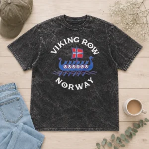 Pretty Viking Row Norway Ship With A Norwegian Flag Sail And Soccer Balls Along The Side printed on a soft washed t shirt