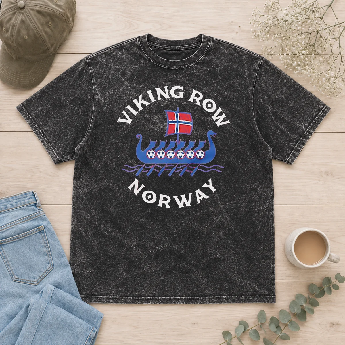 Pretty Viking Row Norway Ship With A Norwegian Flag Sail And Soccer Balls Along The Side printed on a soft washed t shirt