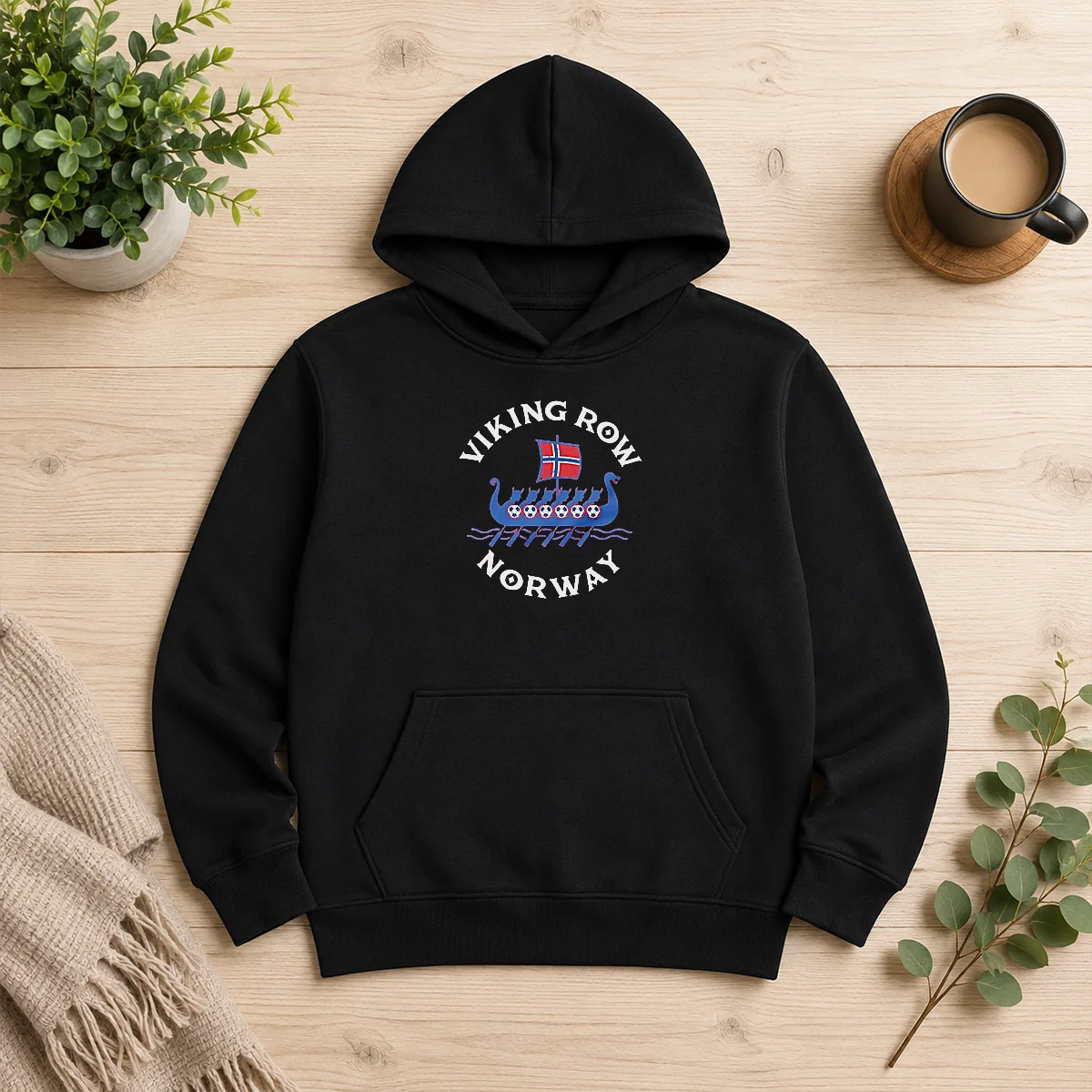 Pretty Viking Row Noway Ship With A Norwegian Flag Sail And Soccer Balls Along The Side Hoodie