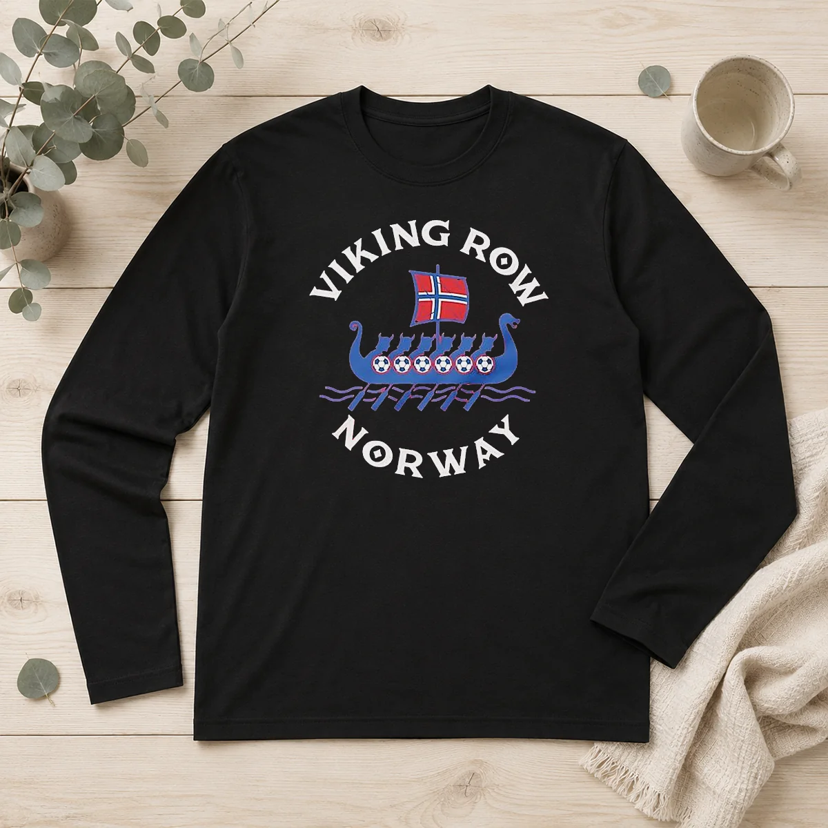 Pretty Viking Row Noway Ship With A Norwegian Flag Sail And Soccer Balls Along The Side Long Sleeve Shirt