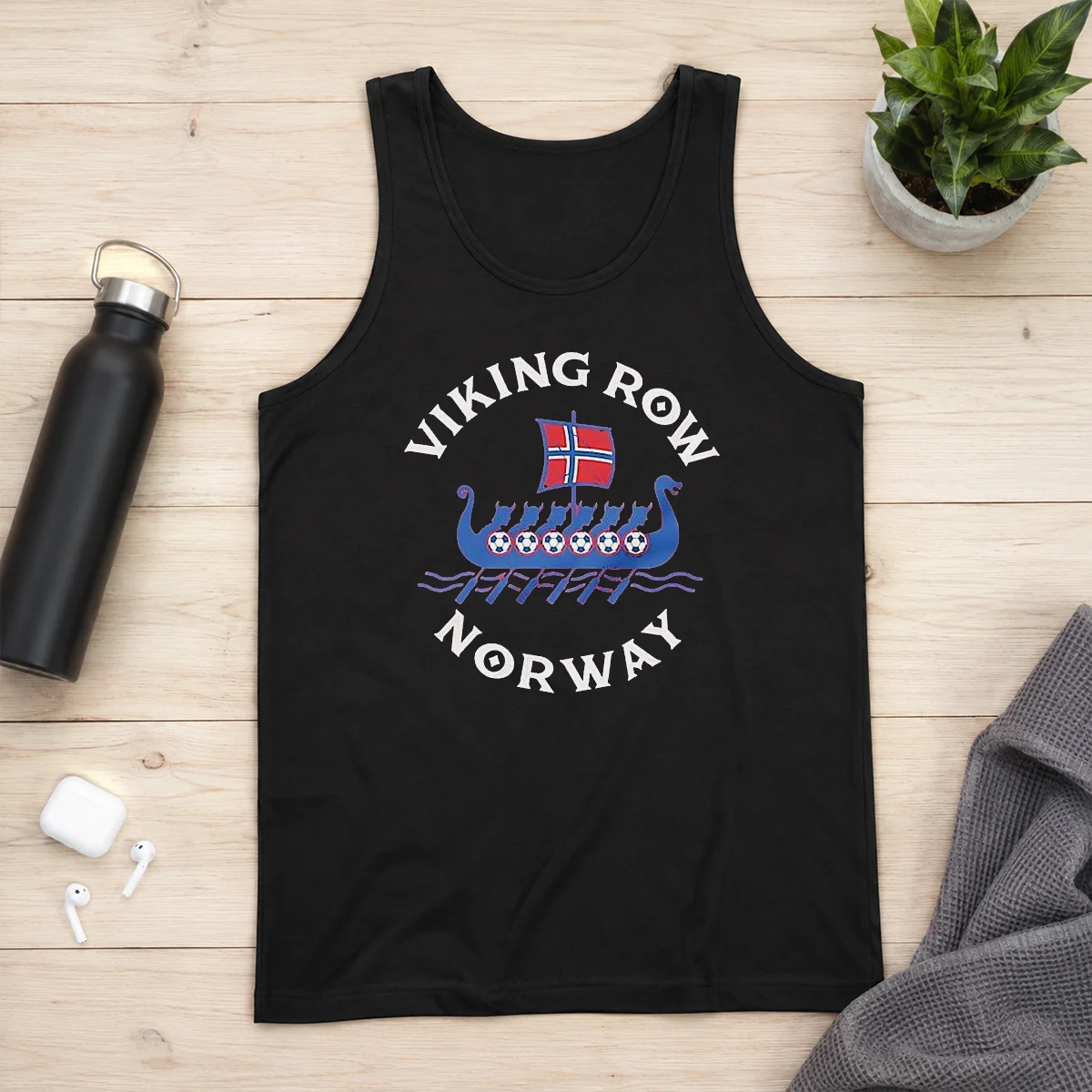 Pretty Viking Row Noway Ship With A Norwegian Flag Sail And Soccer Balls Along The Side Tank Top