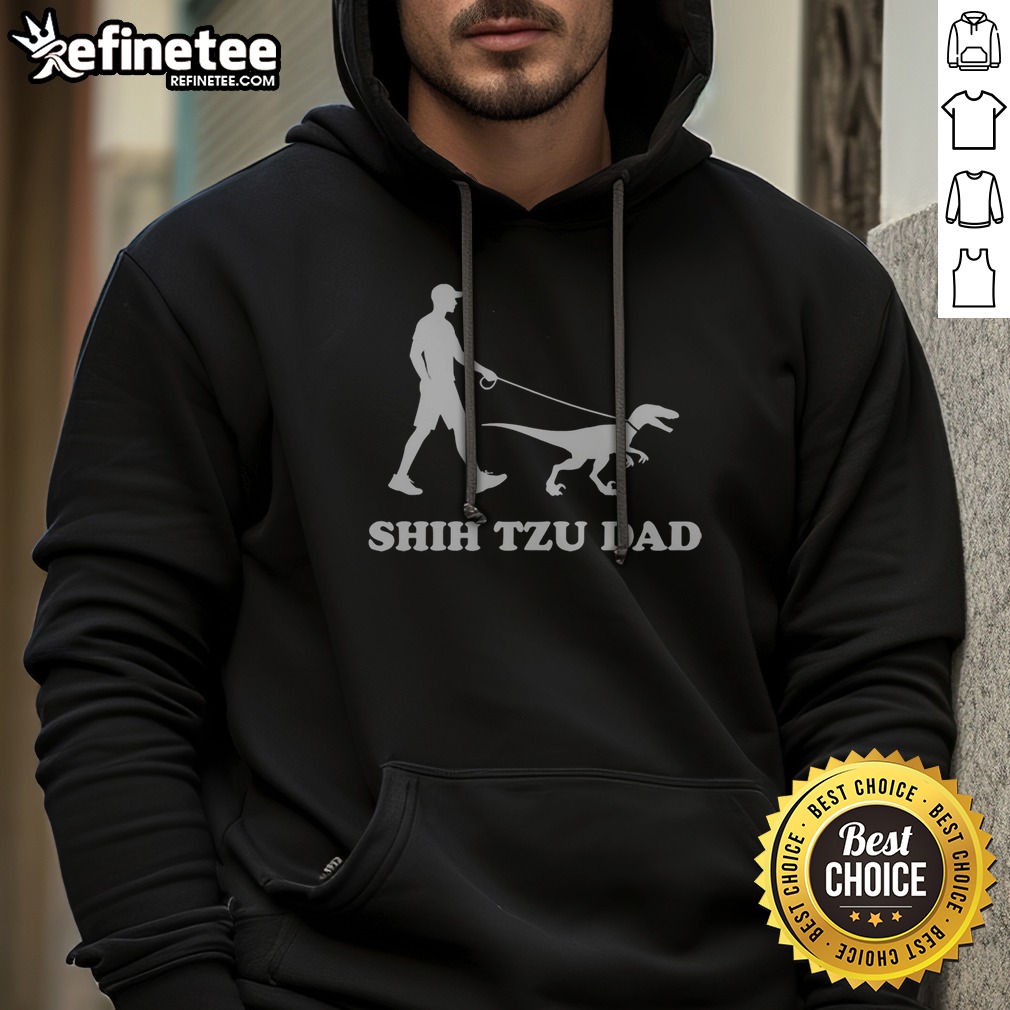 Shih Tzu Dad Man Walking Velociraptor Dinosaur On Leash Humor Silhouette Hoodie