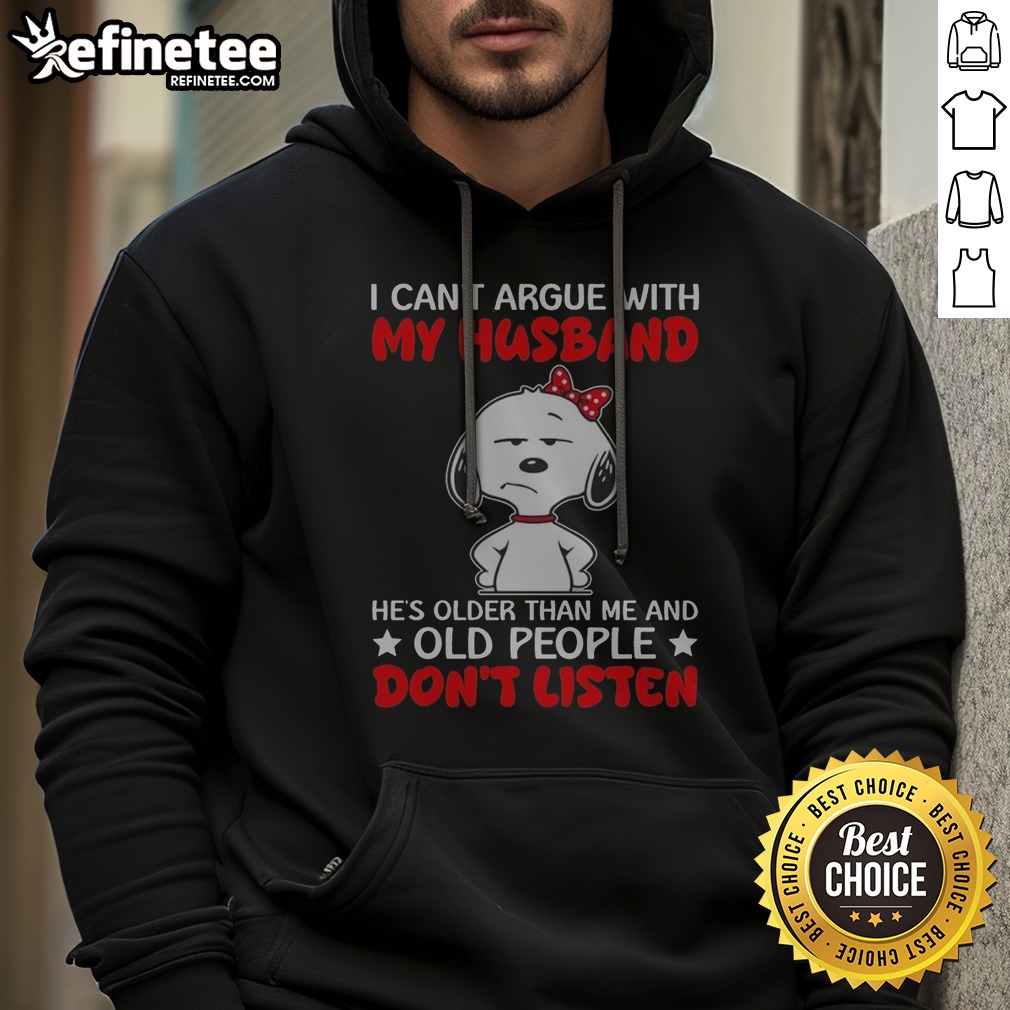 Snoopy Peanuts I Can'T Argue With My Husband Hoodie in black, featuring classic Snoopy graphic and humorous text on front