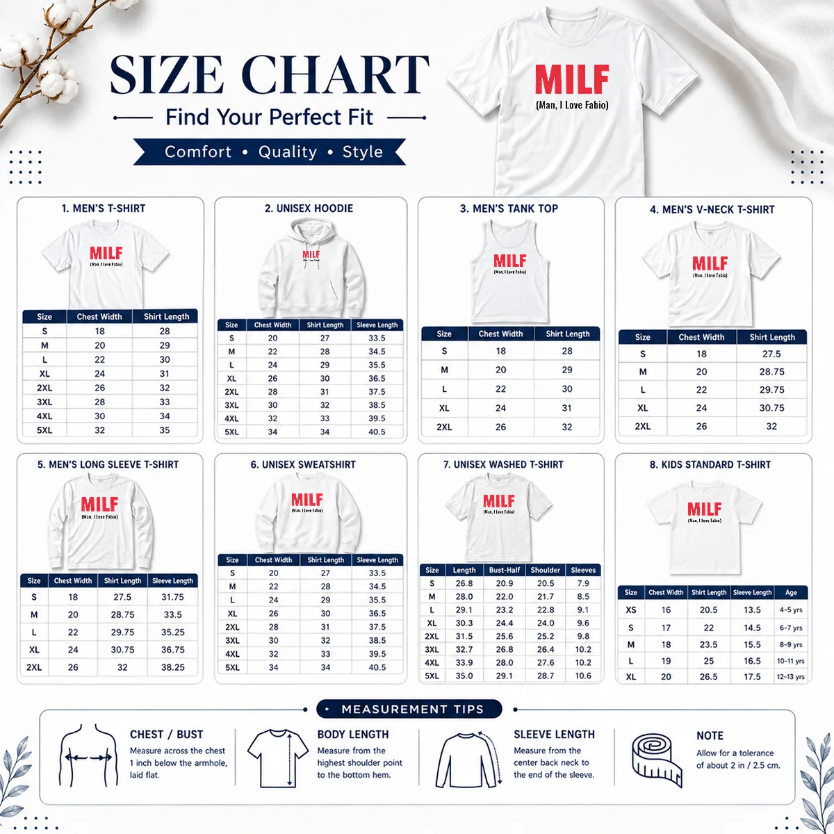 Top 20 MILF Man I Love Fabio Size Chart Size chart for Top 20 MILF Man I Love Fabio showing measurements in inches and cm for accurate sizing