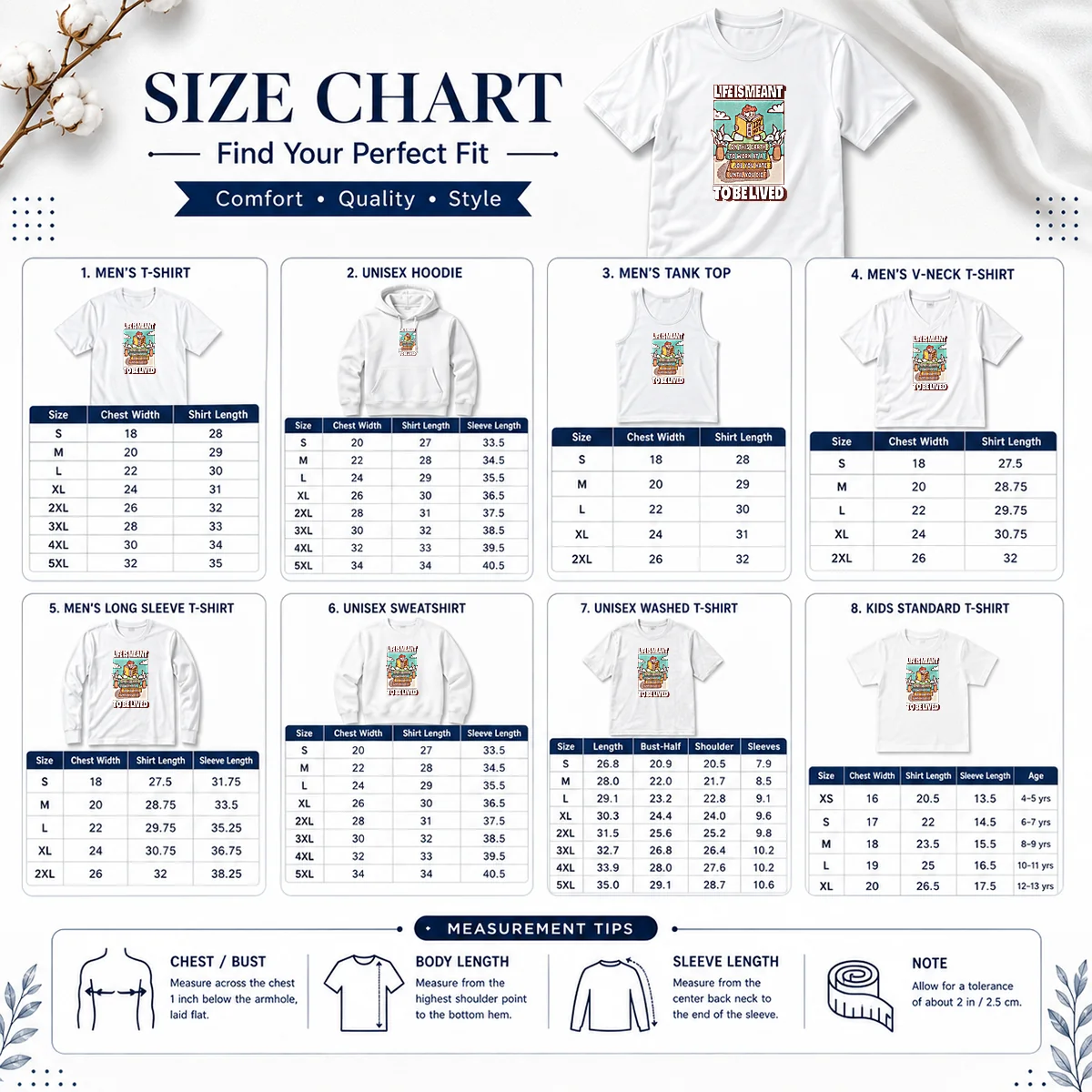 Top Life Is Meant To Be Lived Not To Work At A Job You Hate Until You Die Size Chart Size chart for Top Life Is Meant To Be Lived Not To Work At A Job You Hate Until You Die with measurements in inches and cm