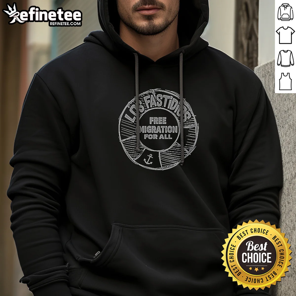 Top Los Fastidios Free Migration For All Hoodie in black with front graphic print, unisex pullover style