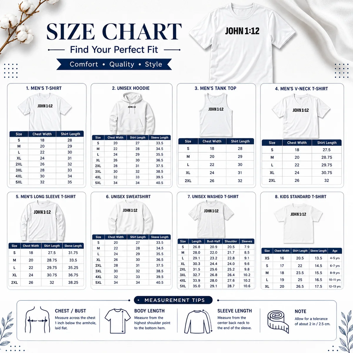 Top Why John 1 12 For A Proclaim Size Chart Size chart for Top Why John 1 12 For A Proclaim showing garment measurements in inches and cm