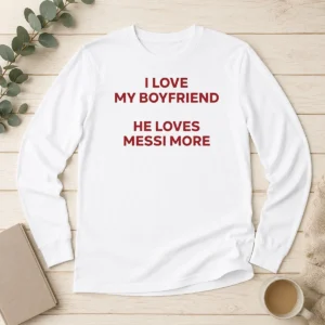 Awesome I Love My Boyfriend He Loves Messi More Long Sleeve Shirt
