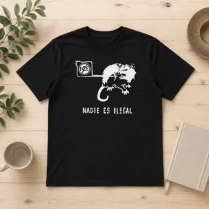 Awesome Nadie Es Ilegal Angry Possum ICE Sign Parody t shirt in black, featuring bold graphic print on front