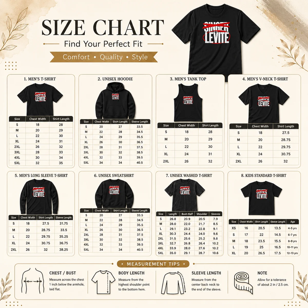 Awesome Nice Not Singer Levite Size Chart Size chart for Awesome Nice Not Singer Levite showing measurements in inches and cm for accurate sizing