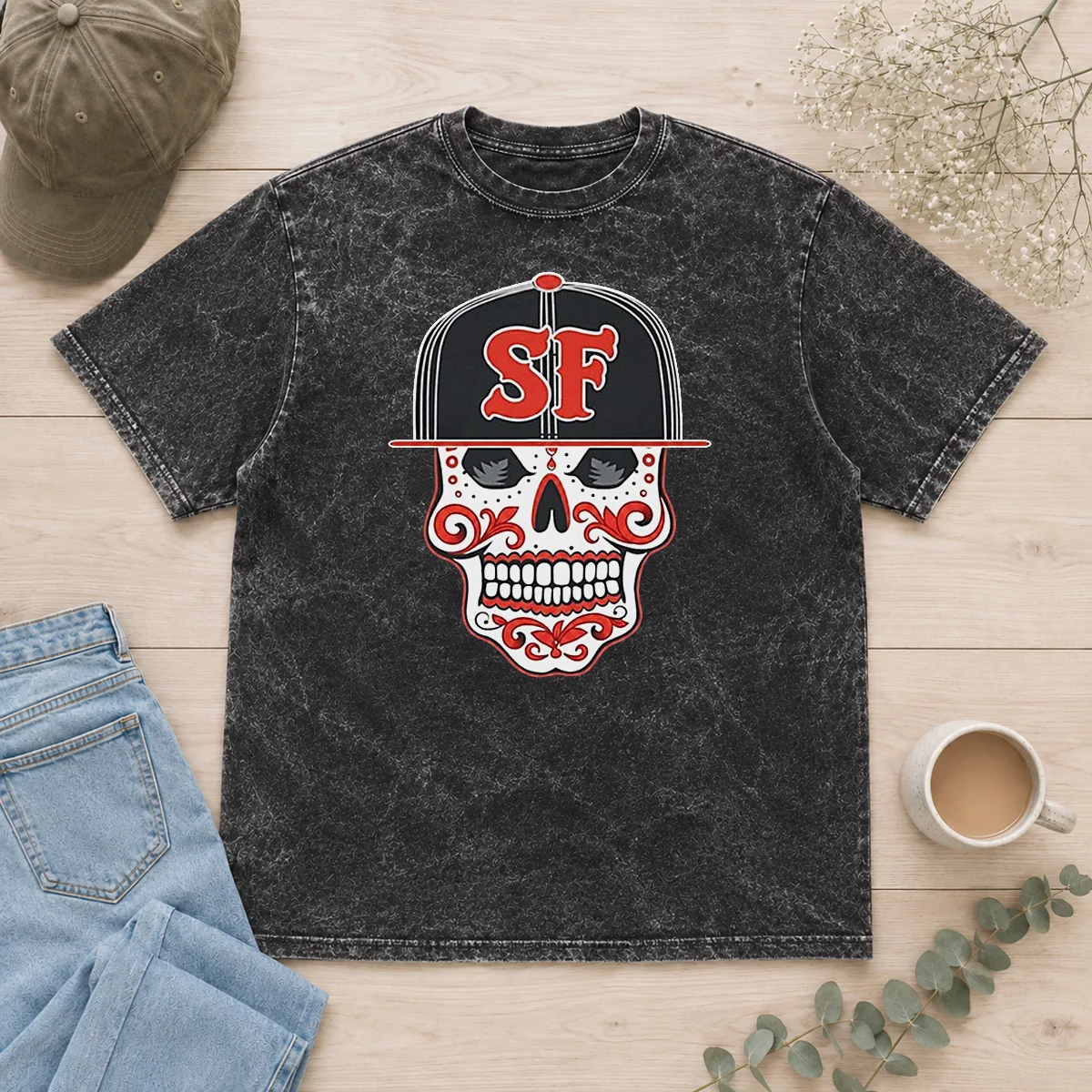 Awesome Sf Sugar Skull San Francisco Hat printed on a soft washed t shirt in neutral tones